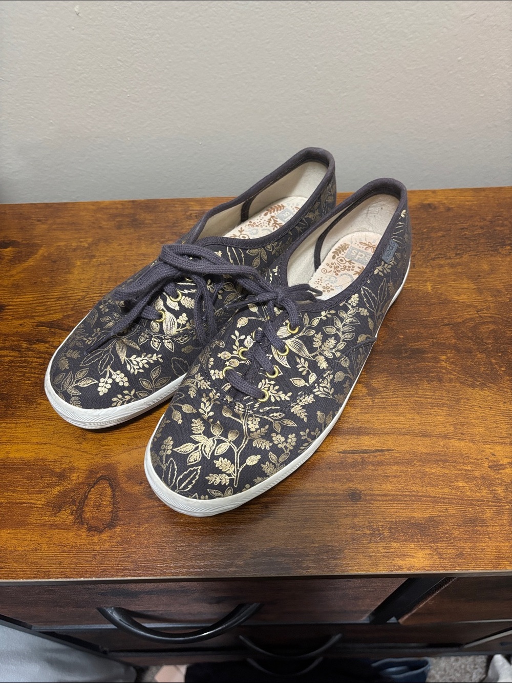 Keds Rifle Paper Dark Grey Canvas Sneakers with Gold Floral Print